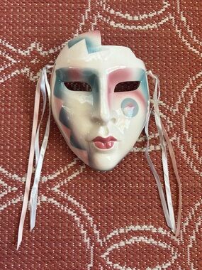 White Ceramic Decorative Mask with Pink and Blue Accents